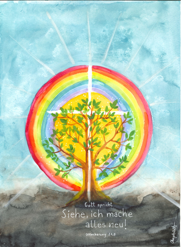 Ein baum, aus dem ein hell leuchtendes Kreuz wächst, umgeben von einem Regenbogen